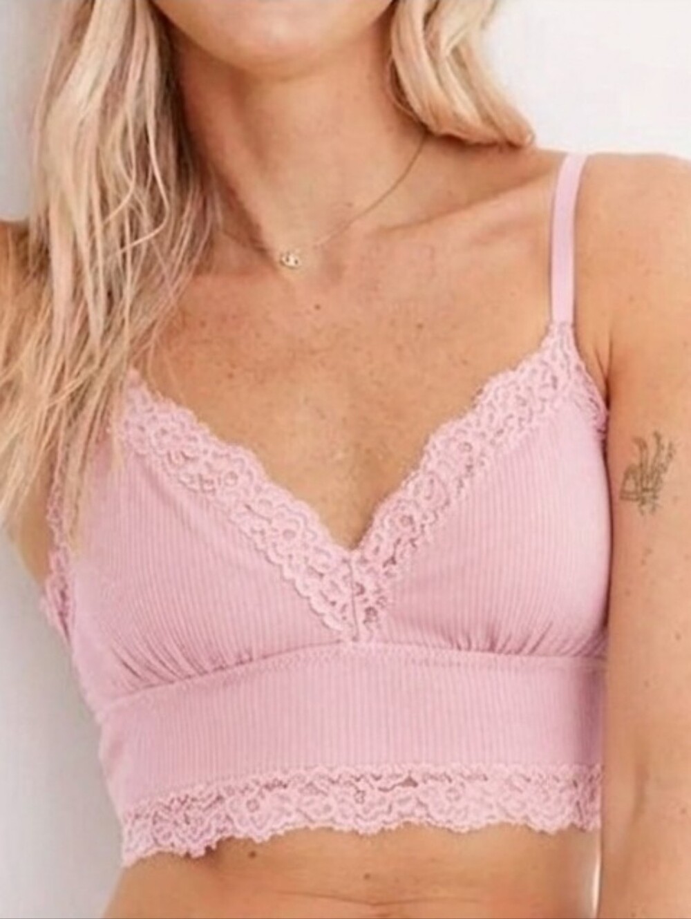Aerie Ribbed Eyelash Lace Trim Longline Bralette peach pink medium